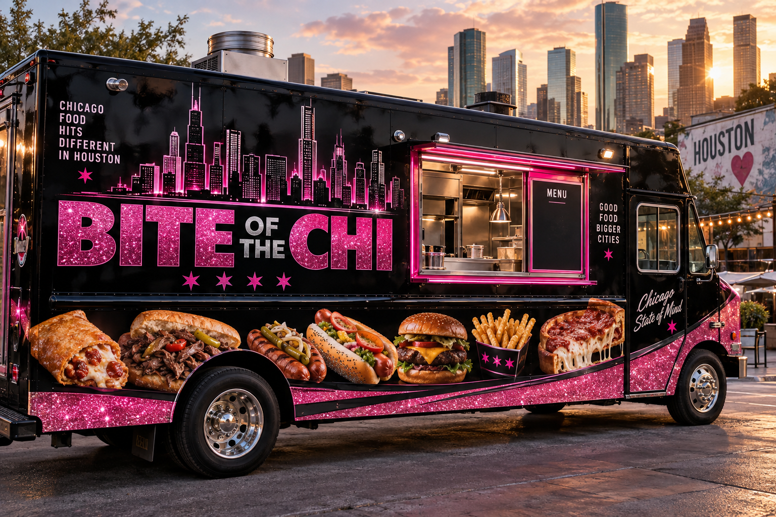 Black and hot-pink BITE OF THE CHI food truck concept