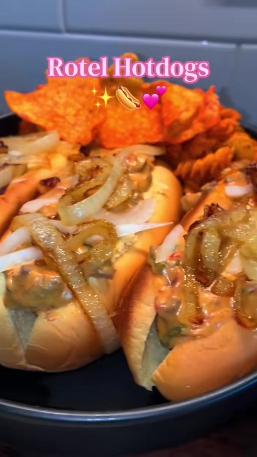 Pretti's real Rotel hot dogs topped with grilled yellow onions and served with chips